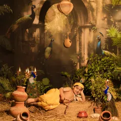 In a moment of quiet repose, the young boy portraying Little Krishna lies peacefully on a bed of hay. This shot captures the serene and divine aspect of the character amidst the detailed, mythical set.
