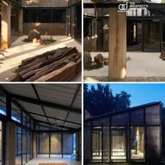 A collage showcasing different facets of the Artist Residency, from the interplay of concrete and reclaimed wood in the courtyard to the building's porous bamboo facade reflecting in the lily pond at dusk.