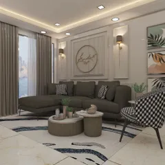 This design showcases a blend of textures and patterns, from the houndstooth accent chair to the abstract rug. The neoclassical wall molding adds a touch of timeless elegance to the modern setup.