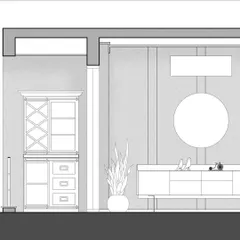 This architectural illustration shows the intricate design elements of a formal living area, including custom cabinetry and furniture placement. It's a critical tool for communicating our design intent.