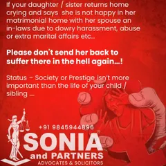 As a society, we must stop prioritizing social status over a person's safety and well-being. If a loved one comes to you for help, believe them. Sending them back into a home where they face dowry harassment, abuse, or cruelty is not the answer. My practice is a safe space for victims and their families to seek protection and justice, ensuring their life is valued above all else.