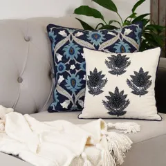 A close-up of elegantly embroidered blue and white pillows on a chic grey sofa. Paired with a soft throw blanket, this image highlights the intricate details and quality of the textiles.