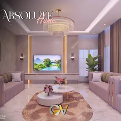 We believe a living room should be both elegant and comfortable. This design features plush, custom-upholstered sofas, a statement tiered chandelier, and a sophisticated TV unit set against a textured wall, creating a perfect setting for hosting guests or unwinding in style.