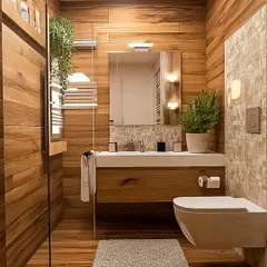 I wrapped this entire bathroom in warm wood-paneling to create a cozy, cabin-like feel. The simple, clean lines of the vanity and mirror keep the small space from feeling cluttered.