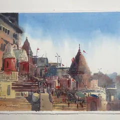 Another watercolour landscape from the ghats of Varanasi. This piece captures the bustling energy of the steps leading down to the river, with many small figures giving a sense of scale and life.