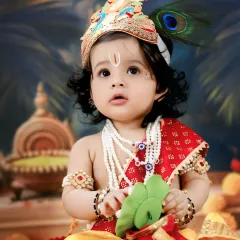 A close-up portrait of a baby dressed as Little Krishna, complete with a peacock feather crown and pearl necklaces. The innocent and curious expression is the highlight of this shot.