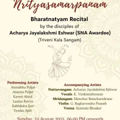 The invitation for 'Nrityasamarpanam', a Bharatanatyam recital by my disciples from Triveni Kala Sangam. It fills me with pride to present their hard work and talent to the world.