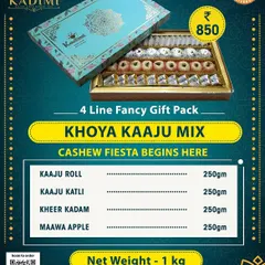 Khoya Kaaju Mix Gift Pack. A delightful combination of khoya and cashew sweets. This "Khoya Kaaju Mix" box includes favorites like Kaju Katli, Kaju Roll, Kheer Kadam, and Maawa Apple.
