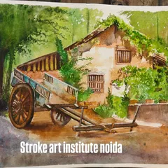 A beautiful watercolor painting of a rustic village scene, complete with an old house and a bullock cart. This piece captures the charm of rural life with soft, transparent washes of color.