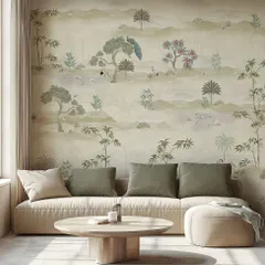 A beautiful example of a subtle, panoramic landscape wallpaper. This design adds a sense of depth and tranquility, making the room feel larger and more peaceful.
