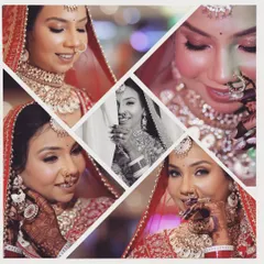 This collage is a tribute to the bride's stunning look. I captured various expressions, from a shy smile to a confident glance, including a timeless black and white shot to highlight her features.