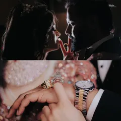 A creative collage focusing on the rings and the romance. The top frame shows an intimate moment, while the bottom frame is a close-up of the bride placing the ring on the groom's finger.