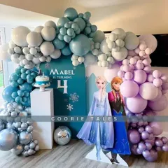 Let it go and step into a winter wonderland with our Frozen-themed party. This magical setup features Elsa and Anna, with a balloon arch in icy blues, purples, and silver to create the enchanting world of Arendelle.