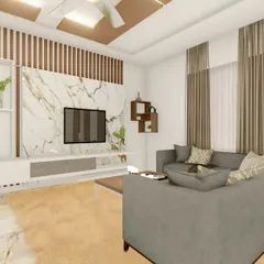 A wide view of a living area design for a client in Tiptur, featuring a marble-clad TV wall with vertical wood slats and a comfortable L-shaped sofa, creating a warm and inviting atmosphere.