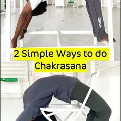 This image shows two simple ways to approach Chakrasana (wheel pose) using props. Whether it's a specialized bench or a standard yoga chair, props help you achieve the backbend correctly and without fear of injury.