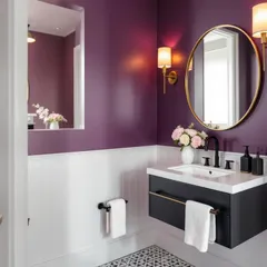 A third take on the purple powder room, this time with white wainscoting that provides a crisp contrast to the bold wall color, making the space feel bright yet elegant.
