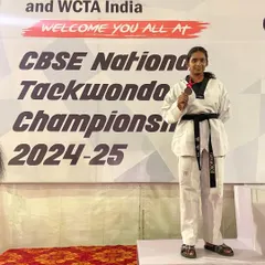 We train champions. I am incredibly proud to see our student, Vanshika Singhal, on the podium after winning a bronze medal at the CBSE National Taekwondo Championship.