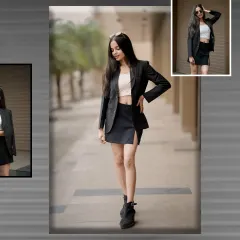 A collage capturing the essence of a modern professional look. The combination of a sharp blazer, mini skirt, and boots creates a confident and stylish urban fashion statement.