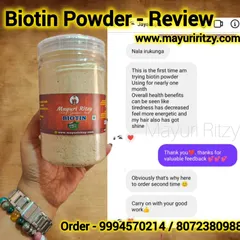 This customer felt more energetic, saw less tiredness, and noticed a new shine in her hair after just one month of using my plant based Biotin Powder. She was so happy she ordered a second time.