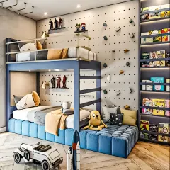 A boy's bedroom designed for adventure, featuring a sturdy bunk bed, a rock-climbing wall, and a cozy reading nook. The open shelving is perfect for displaying toys and books.