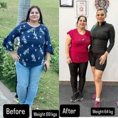 A beautiful transformation showing a 5 kg weight loss, from 69 kg to 64 kg. Notice the significant inch loss and improved posture. This is what consistent effort in our fitness program looks like.