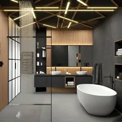 This bathroom is a testament to modern luxury, featuring a spacious walk-in shower, a freestanding bathtub, and dual vessel sinks. The combination of wood panelling, dark stone, and dramatic ceiling lights creates a spa-like retreat at home.