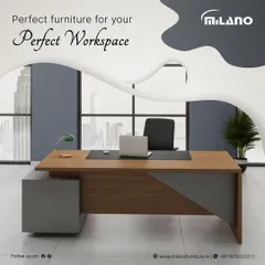 A perfect workspace starts with the right desk. This piece features a modern design with a combination of wood grain and solid grey, an integrated side cabinet for storage, and a sleek profile suitable for any manager's cabin or home office.