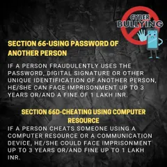 This graphic covers two important laws. Section 66 makes it illegal to fraudulently use someone else's password or digital signature. Section 66D deals with cheating using a computer, which covers many online scams.