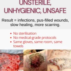An unsterile or unhygienic environment dramatically increases the risk of complications. Without proper medical-grade sterilization, you risk infections, pus-filled wounds, and increased scarring. At our clinic, hygiene is non-negotiable.