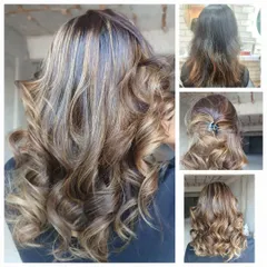 This collage shows the journey of a balayage transformation. I used a freehand coloring technique to create these bright, contrasting highlights, resulting in a French balayage style that is both bold and beautifully blended.