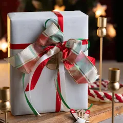 Here is another example of a classic gift wrap with a beautiful plaid Christmas bow. In my sessions, I teach you how to layer different ribbons to create a full, textured look that really elevates your present.