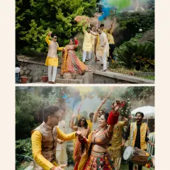 A collage capturing the energy of a Haldi entrance. The couple dances their way in, surrounded by friends with color smoke bombs and the beat of the dhol, kicking off the celebration in style.