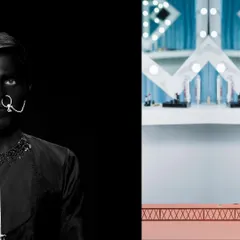 The other half of the conceptual diptych, this image uses a stark black background to highlight the masculine elements. The design features a dark, structured garment and traditional male Indian jewelry, like the nose ring, to complete the story of duality.