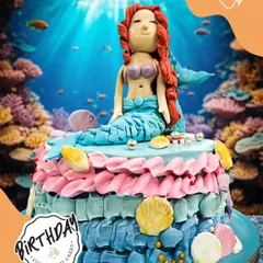 Dive into a magical underwater celebration with this stunning mermaid cake. It features a beautifully sculpted mermaid, colorful coral, and delicate seashells, creating an enchanting scene.
