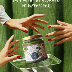 My Superfood Basil Pesto, presented in all its glory. I pack each jar with fresh basil and a boost of superfoods like amla and moringa. It’s pure, vibrant flavor, made to elevate any meal.