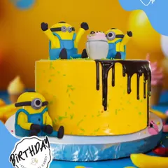 Bello! This fun Minions cake is causing some happy mischief. The bright yellow design features playful Minions and a chocolate drip, perfect for a fan of the hilarious characters.