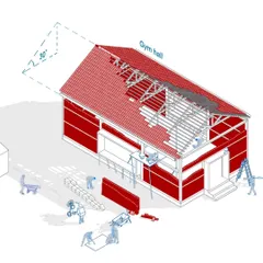 This exploded axonometric drawing illustrates the renovation strategy for the Nagapattinam Collector's camp office. It details the scale, material, and process for conserving this more than 100-year-old heritage building.
