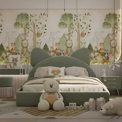 I created a charming woodland-themed bedroom with a forest animal mural and a green bed with cute ear details. It's a calming and imaginative space that brings a bit of nature indoors.
