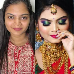 A dramatic before and after for a South Indian bride. The final look features bold, colorful eye makeup and radiant skin.
