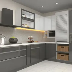 High-gloss grey cabinets give this L-shaped kitchen a sophisticated, urban look. We included practical storage solutions like a tall unit with a louvered door and open wicker basket drawers for easy access to vegetables or linens.