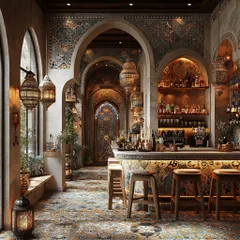 Here, I've designed a space that tells a story through its details. The intricate tilework, arched doorways, and warm lantern light come together to create a cozy and elegant cafe and bar atmosphere that invites guests to relax and stay awhile.