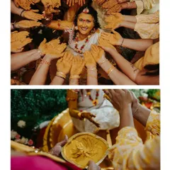 Surrounded by the loving hands of family, the bride is covered in turmeric paste. This shot captures the heart of the Haldi ritual.