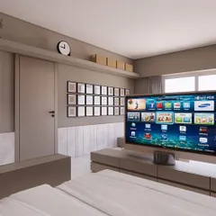 Another render from the opposite angle, viewing the TV from the bed. This helped in planning the proportions of the custom console and ensuring clear sightlines from both functional zones of the room.
