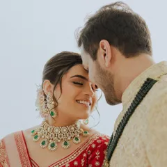 The gentle touch of a forehead, a shared smile. This close-up from a Daman wedding captures the soft, unspoken language of love in a simple, minimal frame.