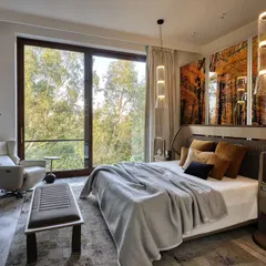 This contemporary bedroom brings the beauty of nature indoors with a stunning, autumn-themed wall panel. The large window offers a view of lush green trees, creating a beautiful contrast and a space that changes with the seasons.