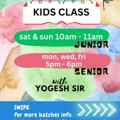 A quick view of our main kids' class schedule. We have separate batches for Junior (weekend) and Senior (weekday) dancers, both taught by the energetic Yogesh Sir.