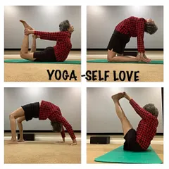 A sequence of four powerful postures: Bow Pose, Camel Pose, Wheel Pose, and Boat Pose. This shows a flow focused on back-bending and core strength.
