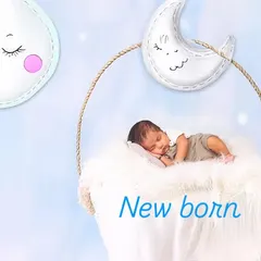 Sweet dreams are made of this. This newborn portrait features a 'dreaming on the moon' setup, with soft clouds and a starry sky to create a magical first photograph for your baby.