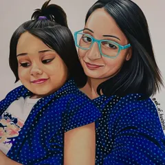 The tender bond between a mother and her daughter, immortalized in a custom pencil color sketch. I used Prismacolor pencils on Strathmore Bristol paper to capture the soft expressions and the playful pattern of their matching outfits.