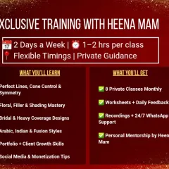 For those who want personalized attention, I offer a Private Henna Mastery Program. This includes 8 private classes monthly, daily feedback, and direct mentorship from me.
